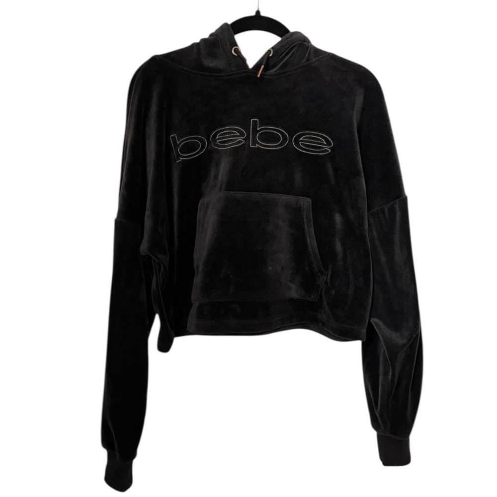 Bebe Women’s Y2K Cropped Sport Plush Black Hoodie ~ Size M - Picture 7 of 11
